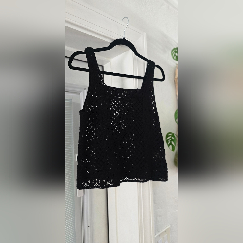 Ultra Pink 100% Cotton Black Crochet Tank Top